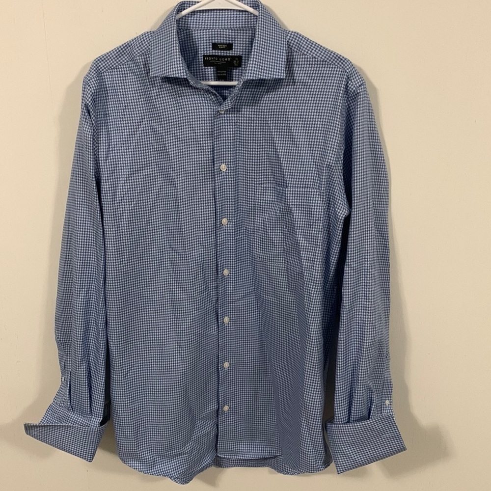Men’s Pronto Uoma Blue & White Hounds Tooth long sleeve shirt 16 36/37 slim fit